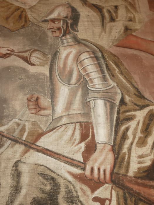 fragment de carton de tapisserie : Don Quichotte conduit par la Folie sort de chez lui pour être fait chevalier errant, détail