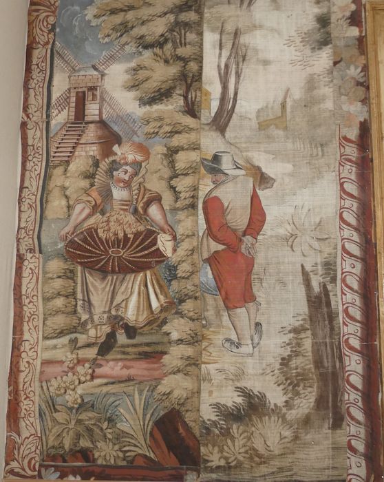 fragment de carton de tapisserie : Don Quichotte conduit par la Folie sort de chez lui pour être fait chevalier errant, détail