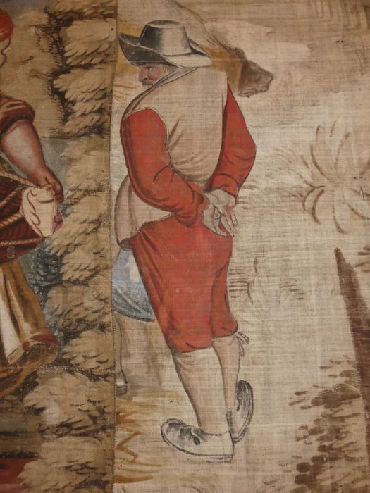 fragment de carton de tapisserie : Don Quichotte conduit par la Folie sort de chez lui pour être fait chevalier errant, détail