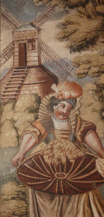 fragment de carton de tapisserie : Don Quichotte conduit par la Folie sort de chez lui pour être fait chevalier errant, détail