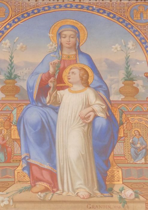 tableau : La Vierge en Majesté présentant à l'Enfant Jésus le lys de l'Annonciation, vue partielle