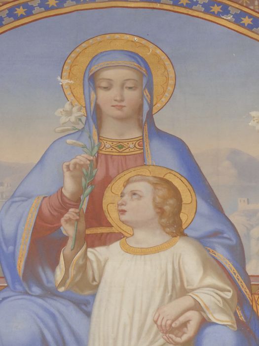 tableau : La Vierge en Majesté présentant à l'Enfant Jésus le lys de l'Annonciation, vue partielle