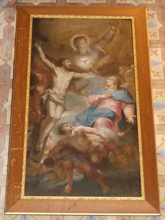tableau : La Vierge Marie, élevée au Ciel, accueillie par la Sainte Trinité