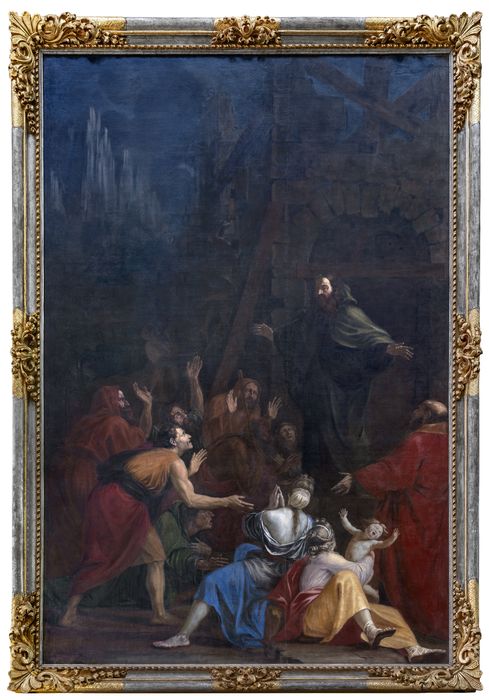 tableau : Saint Antoine prêchant devant sa grotte et prononçant l’anathème contre les ariens