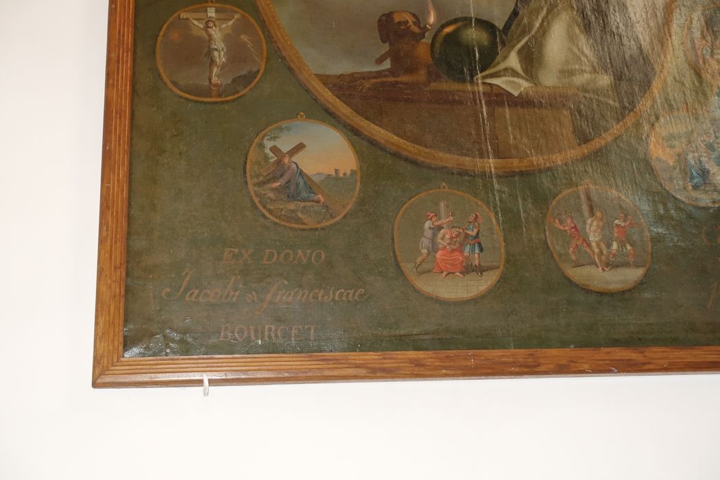 tableau : Vierge à l'Enfant présentant le rosaire à saint Dominique, détail de l’inscription