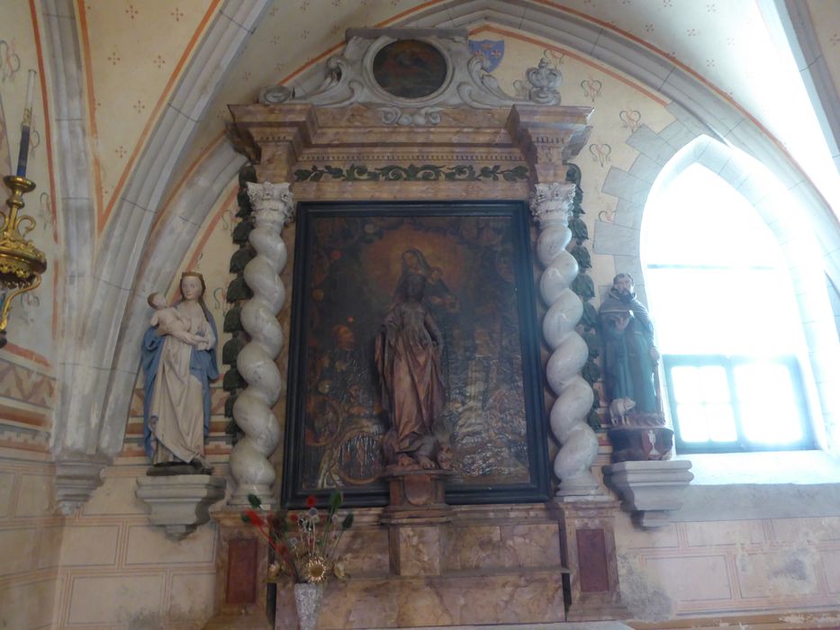 retable du Rosaire, statues : Saint Antoine, Vierge à l’Enfant, Sainte Marguerite, tableau : Remise du Rosaire