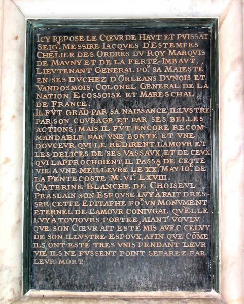 détail de la plaque funéraire de Jacques d'Etampes, marquis de la Ferté-Imbault