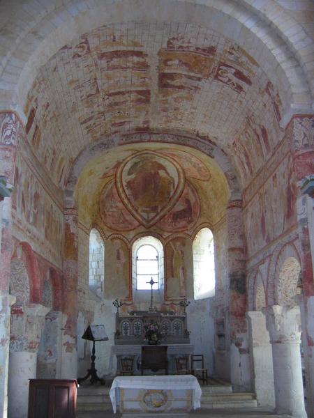 vue générale des peintures monumentales : baptême du Christ (le), arbre de Jessé (l'), scènes de la vie de saint Pierre, Christ en majesté, scènes de la passion, jugement dernier (le), saint Christophe