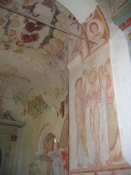 vue générale des peintures monumentales : baptême du Christ (le), arbre de Jessé (l'), scènes de la vie de saint Pierre, Christ en majesté, scènes de la passion, jugement dernier (le), saint Christophe