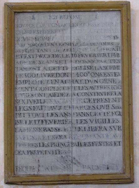 plaque funéraire (inscription funéraire) de Charles Pierre Huet de la Poirière de Vendôme, vue générale