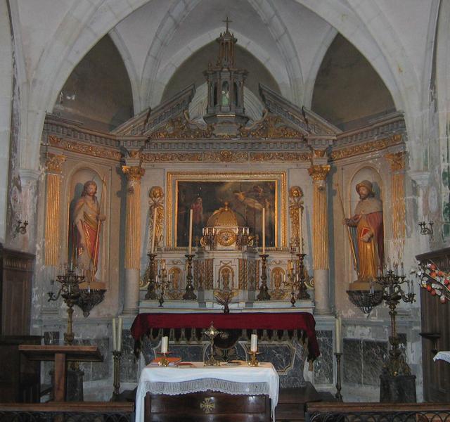 maître-autel, retable, tableau et deux statues : saint Jean-Baptiste et saint Jacques, vue générale