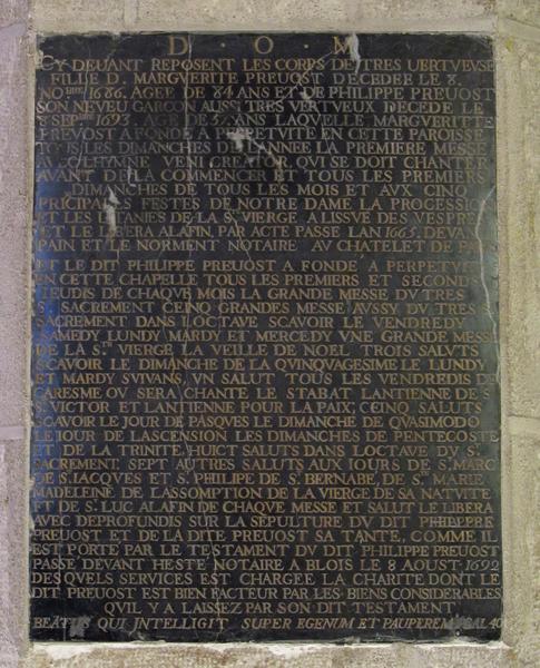 plaque funéraire (inscription funéraire) de Marguerite et Philippe Prévost, vue générale - © Ministère de la Culture (France), Conservation des antiquités et des objets d'art du Loir-et-Cher, tous droits réservés