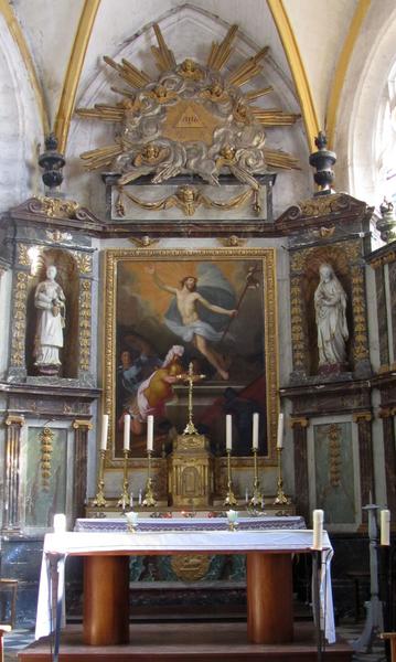 retable, maître-autel, tabernacle et tableau : Résurrection du Christ, vue générale