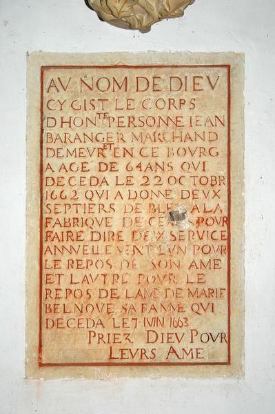 Inscription funéraire de Jean Bélanger et Marie Belnoue