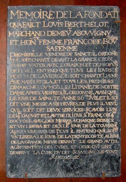 Plaque commémorative de fondation de messe de Louis Berthelot et Françoise Bouthier