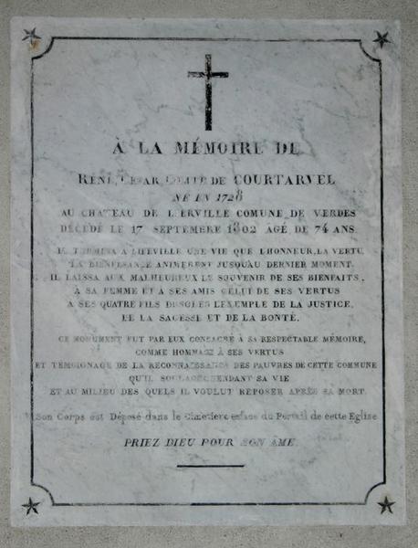 plaque funéraire (inscription funéraire) de René César, comte de Courtavel vue générale - © Ministère de la Culture (France), Conservation des antiquités et des objets d'art du Loir-et-Cher, tous droits réservés 