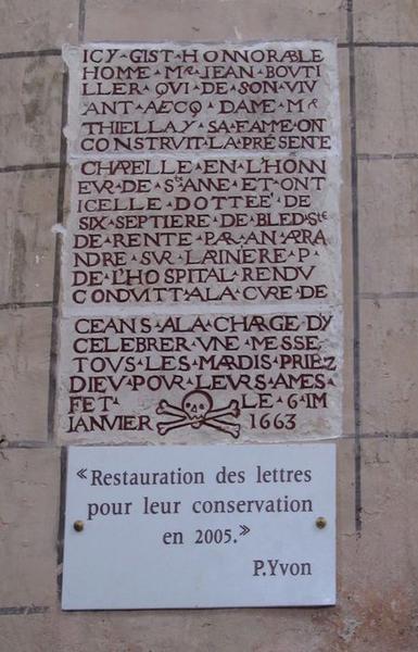 Inscription funéraire de Jean Boutiller et Dame Metheillay