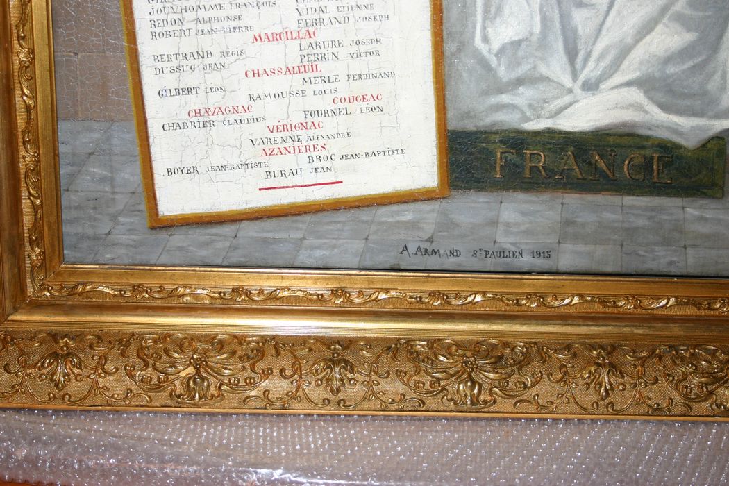 tableau commémoratif des morts de la guerre de 1914-1918, détail du cadre - © Ministère de la Culture (France), Conservation des antiquités et des objets d’art de Haute-Loire, tous droits réservés