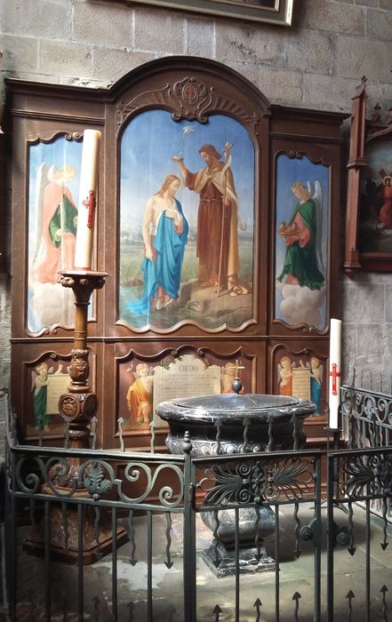 Retable des fonts baptismaux et six tableaux