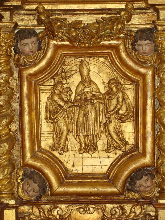 4 bas-reliefs : le Mariage de la Vierge, l'Annonciation, l'Adoration des bergers, l'Adoration des Mages