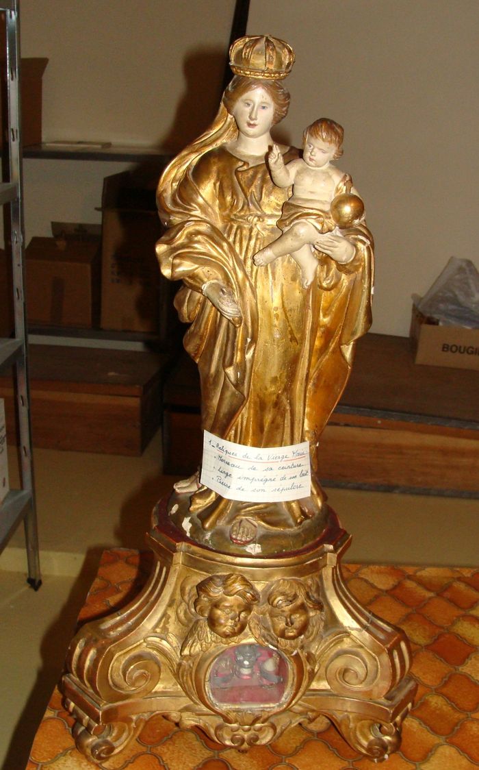 statue (statuette) et son socle-reliquaire : Vierge à l'Enfant