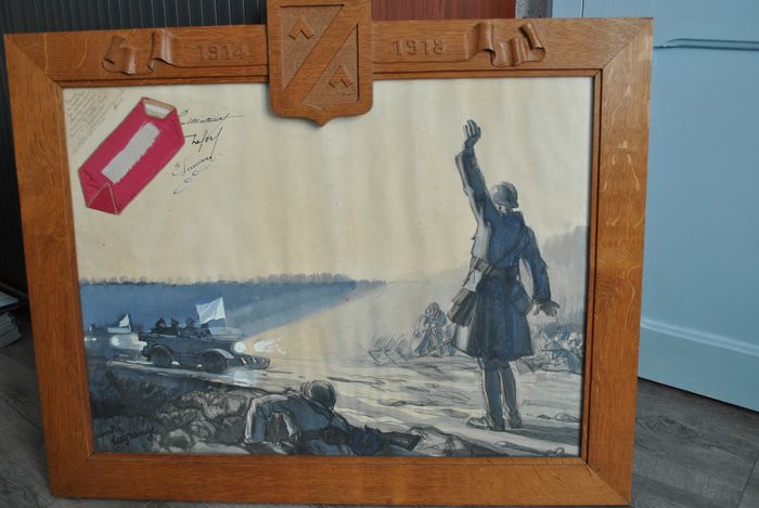 tableau et son cadre, avec un fragment du drapeau blanc : Demande de cessez-le-feu des troupes allemandes à Haudroy La Capelle dans l'Aisne le 7 novembre 1918