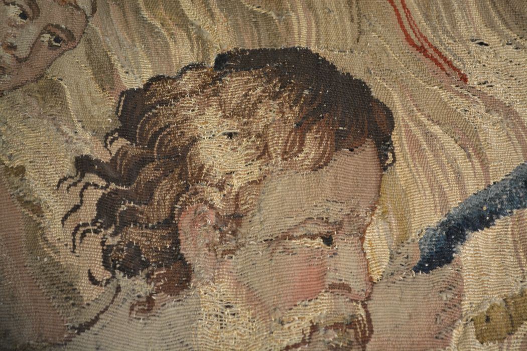 tenture d’Aubusson Scènes de l’histoire d’Achille : Thétis demande à Héphaïstos de forger de nouvelles armes pour Achille, détail