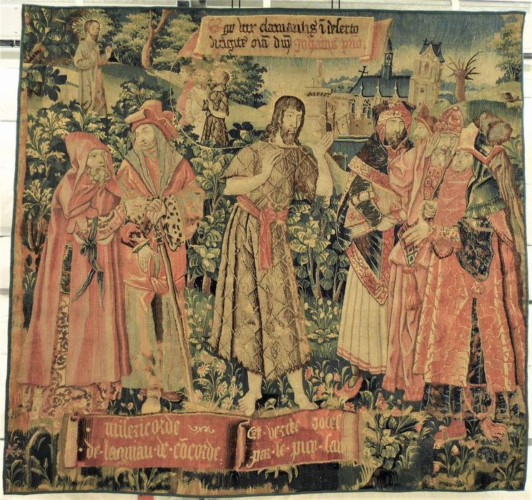 pièce murale (tapisserie) : Prédication de saint Jean-Baptiste devant les prêtres et les lévites (La), élément de la tenture de la tenture de la Vie de saint Jean-Baptiste