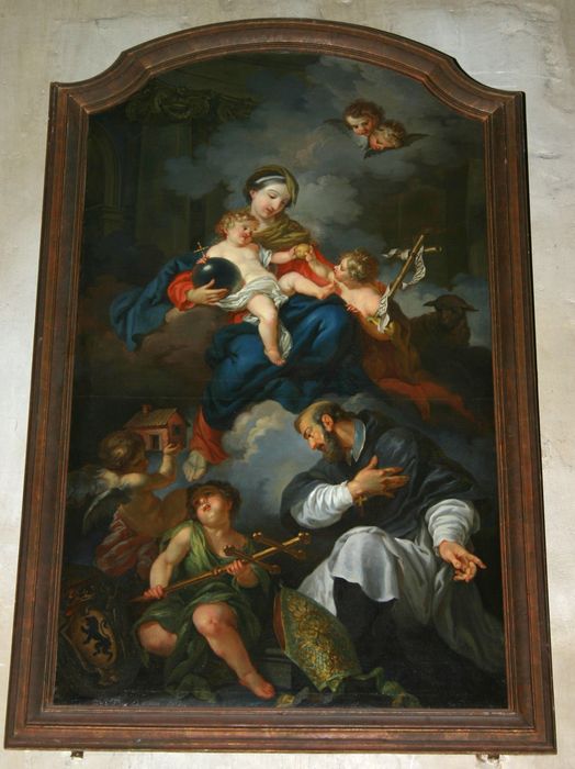 tableau : la Vierge, l'Enfant Jésus et saint Jean-Baptiste, avec le grand doyen de Bouzey aux pieds de la la Vierge