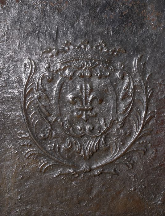 plaque de cheminée, détail d'une fleur de lys couronnée entourée de rinceaux