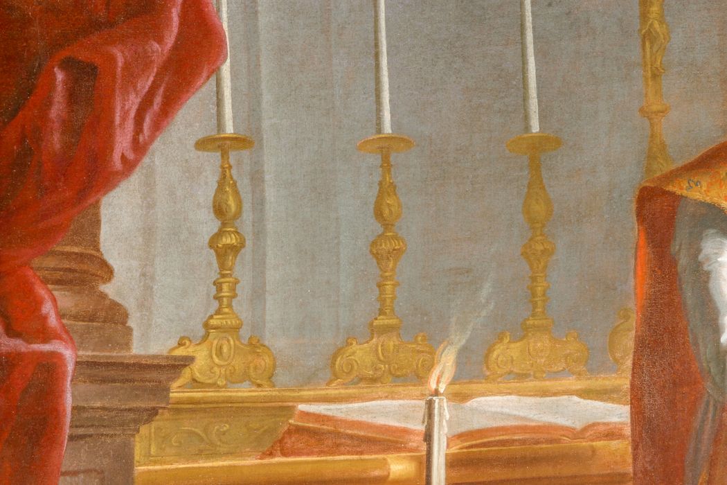 tableau, cadre : Pierre Fourier remettant leur insigne aux chanoines réguliers de Lorraine, détail - © Ministère de la Culture (France), Conservation des antiquités et des objets d’art de la Meuse, tous droits réservés