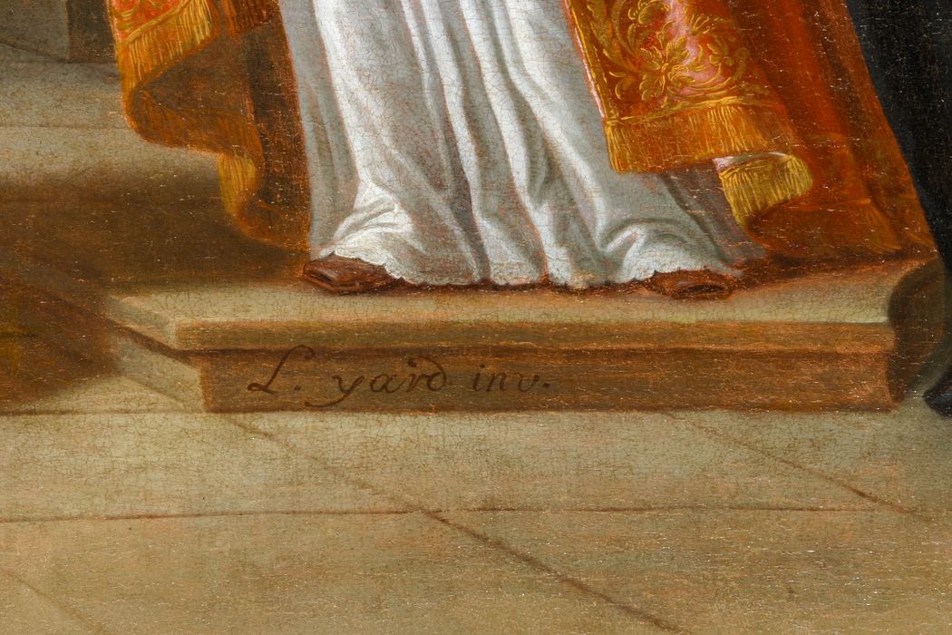 tableau, cadre : Pierre Fourier remettant le livre des Constitutions aux religieuses de la Congrégation Notre-Dame, détail - © Ministère de la Culture (France), Conservation des antiquités et des objets d’art de la Meuse – Tous droits réservés