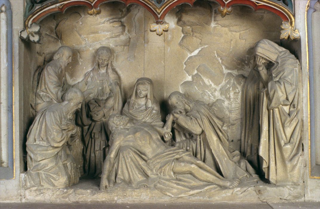 autel secondaire sud, détail d'un bas-relief : Déploration sur le Christ mort