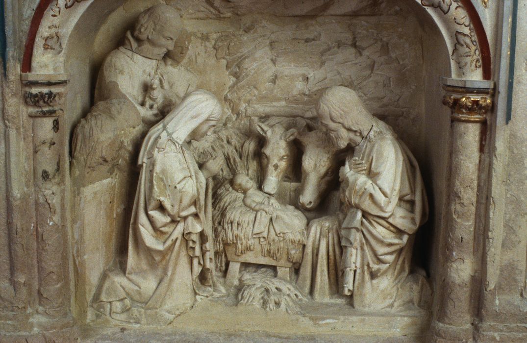 autel secondaire sud, détail d'un bas-relief : Nativité (la)