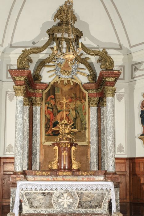 autel, retable, ciborium, tableau : le Baptême de Clovis par saint Rémy, statue : Vierge à l'Enfant, arc triomphal (maître-autel)