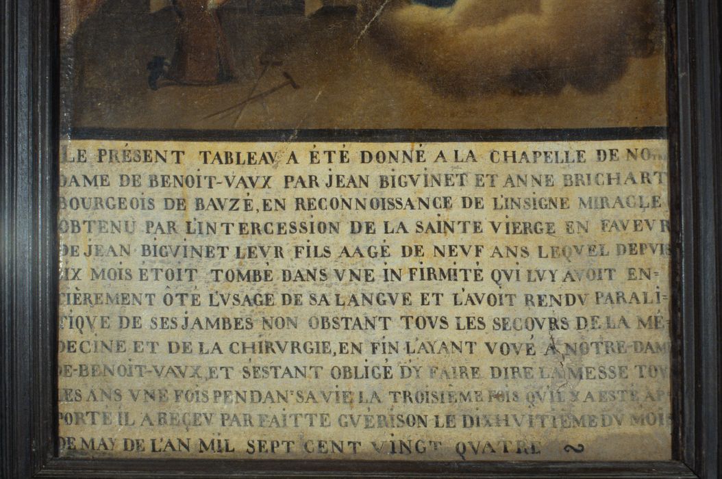 Ex-voto : Un donateur à genoux prie la Vierge à l'Enfant dans une nuée, détail de l'inscription