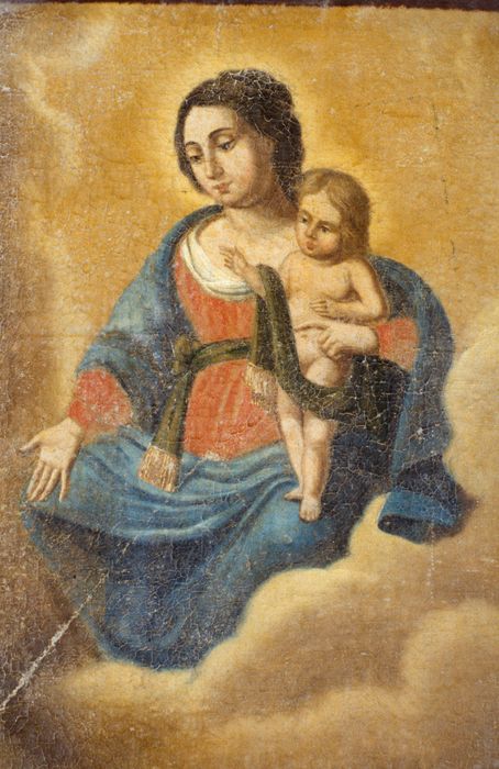 ex-voto : Un donateur à genoux prie la Vierge à l'Enfant dans une nuée, détail - © Ministère de la Culture (France), Conservation des antiquités et des objets d’art de la Meuse - Tous droits réservés