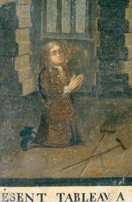 ex-voto : Un donateur à genoux prie la Vierge à l'Enfant dans une nuée, détail - © Ministère de la Culture (France), Conservation des antiquités et des objets d’art de la Meuse – Tous droits réservés