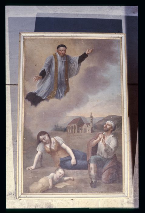 tableau, cadre : Saint Vincent de Paul venant en aide à des habitants de Saint-Mihiel devant l'église Saint-Etienne - © Ministère de la Culture (France), Conservation des antiquités et des objets d’art de la Meuse - Tous droits réservés