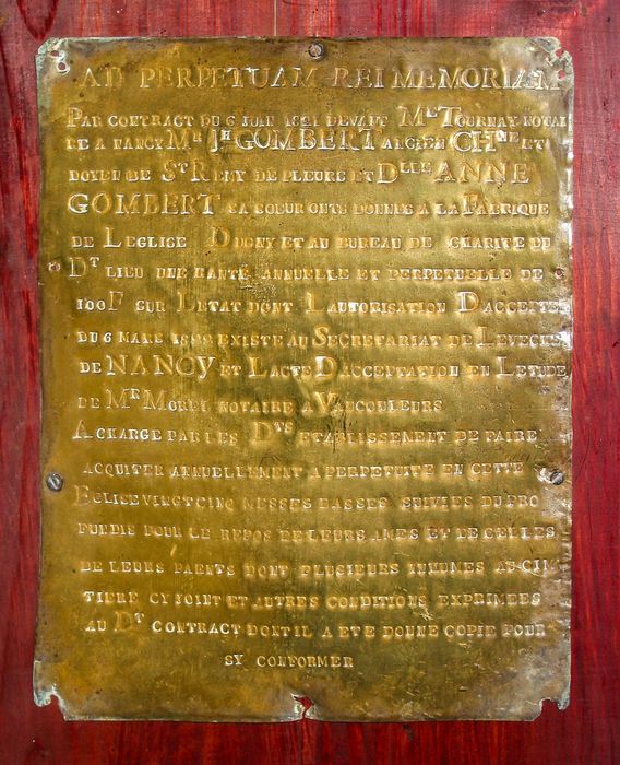 plaque commémorative : Plaque de fondation de messes