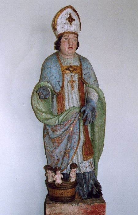 groupe sculpté : Saint Nicolas et les trois enfants au saloir - © Ministère de la Culture (France), Conservation des antiquités et des objets d’art du Morbihan, tous droits réservés
