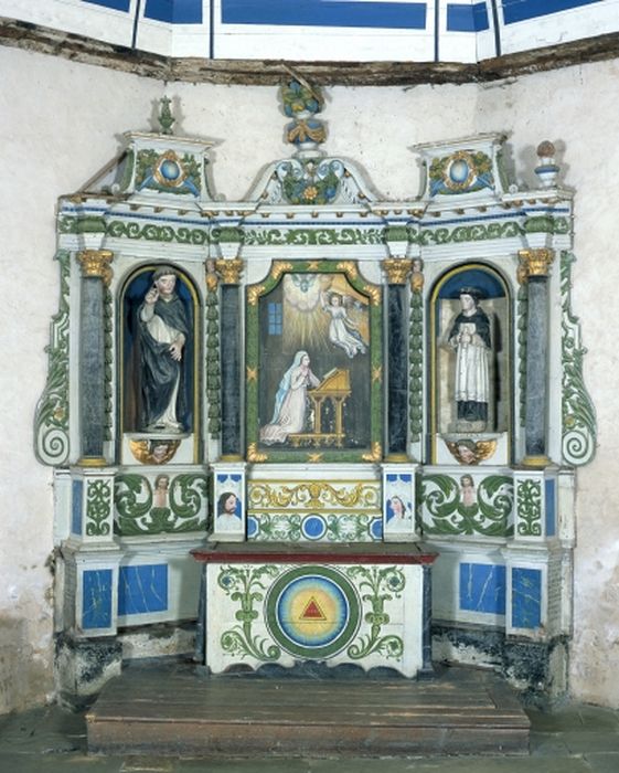 Retable du transept sud, tableau : Annonciation et deux statues : Saint Vincent Ferrier et Saint Yves