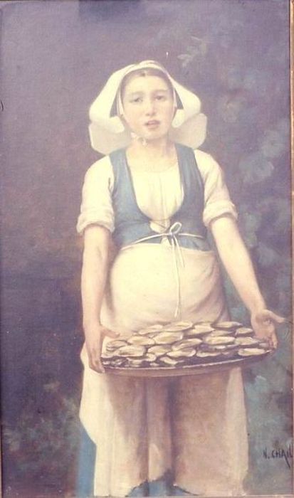 tableau : Porteuse d'huîtres en coiffe de Chateaulin - © Ministère de la Culture (France), Conservation des antiquités et des objets d’art du Morbihan – Tous droits réservés