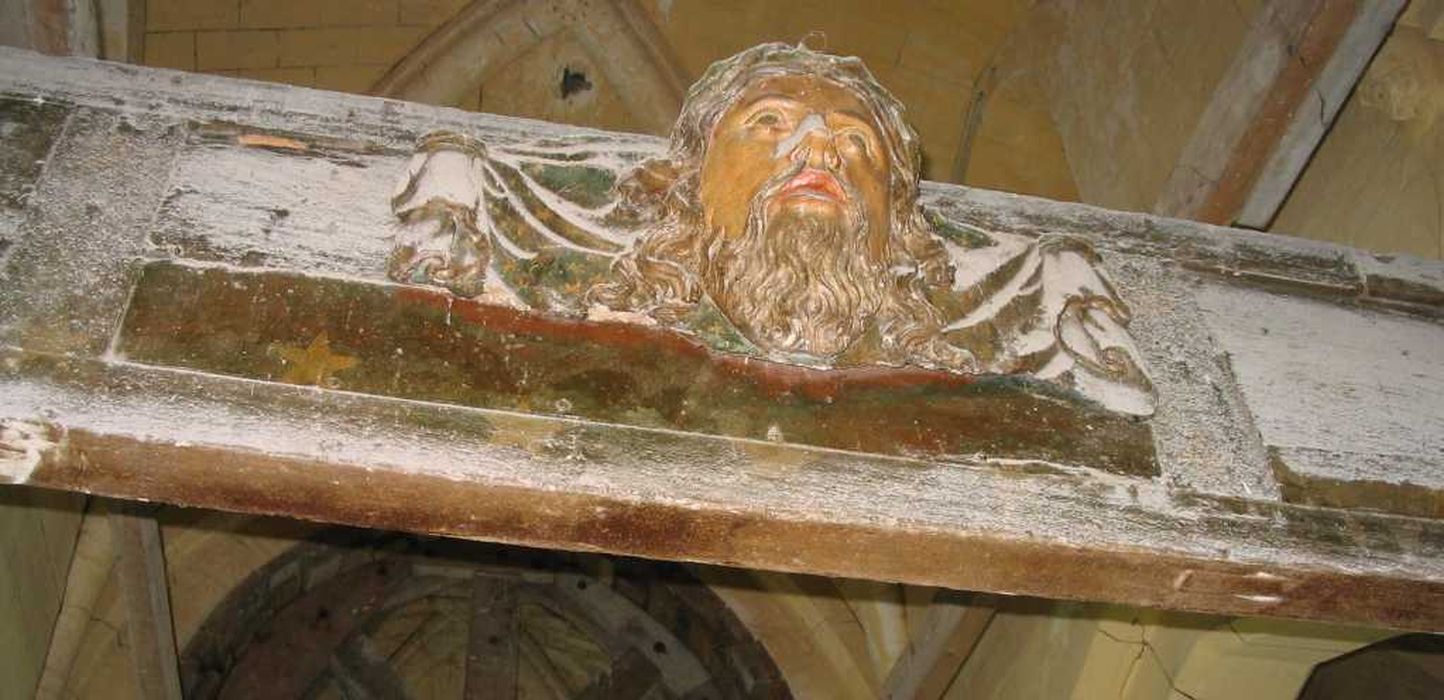 poutre à logettes, détail : Visage du Christ sur le linge de sainte Véronique