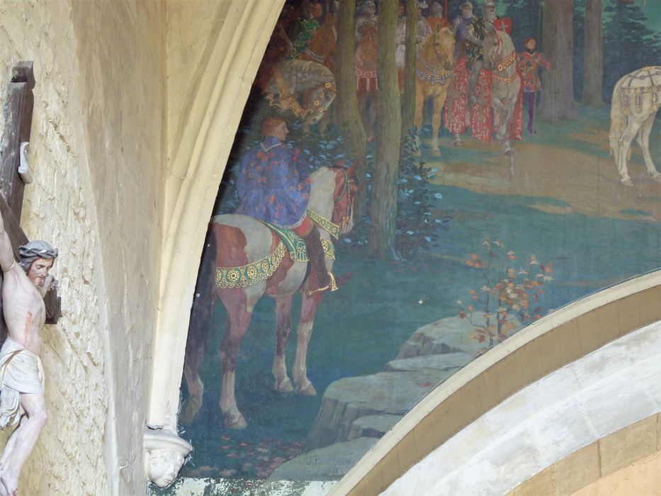 peinture monumentale : Jeanne d'Arc à cheval, en prière sur le mont Ganelon, vue partielle