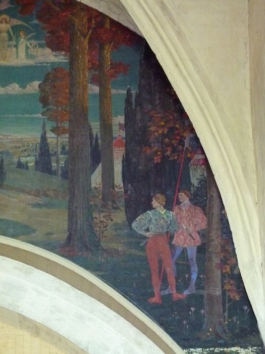 peinture monumentale : Jeanne d'Arc à cheval, en prière sur le mont Ganelon, vue partielle