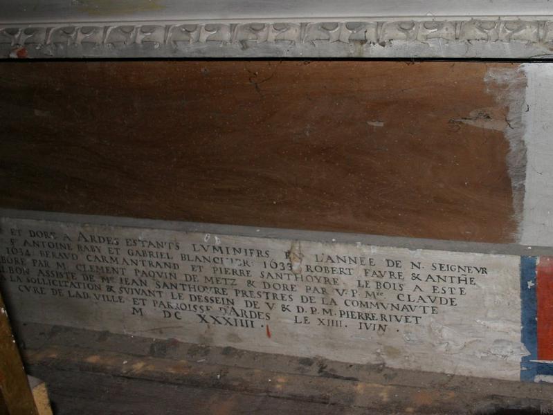 maître-autel, détail d'une inscription située au revers