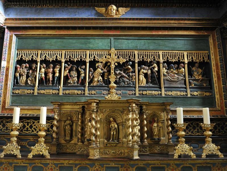 autel, retable, groupes sculptés (10) : scènes de la Passion (maître-autel), vue partielle