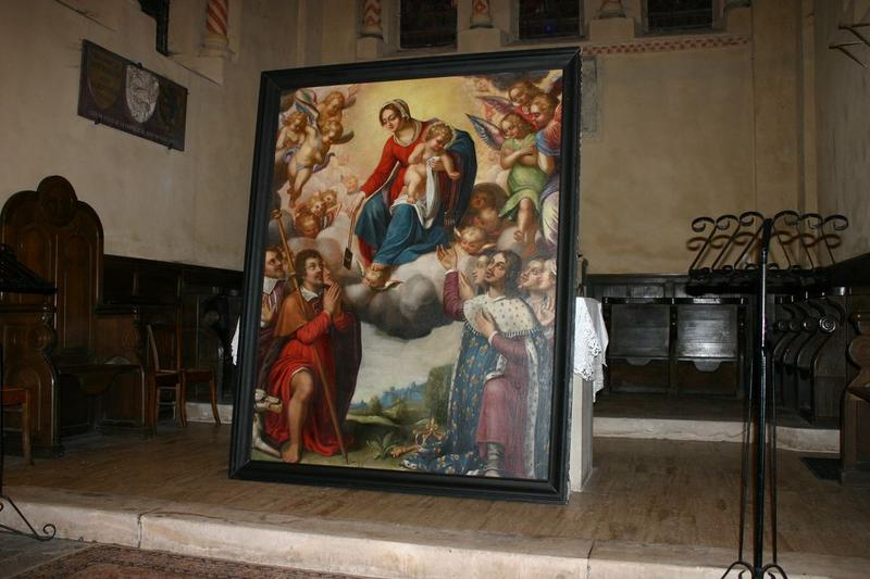 tableau : Vierge et l'enfant Jésus remettant le scapulaire à saint Roch et au roi Louis XIII (la), vue générale - © Ministère de la Culture (France), Conservation des antiquités et objets d'art du Puy-de-Dôme – Tous droits réservés