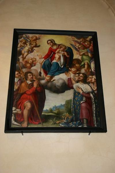 tableau : Vierge et l'enfant Jésus remettant le scapulaire à saint Roch et au roi Louis XIII (la), vue générale - © Ministère de la Culture (France), Conservation des antiquités et objets d'art du Puy-de-Dôme – Tous droits réservés